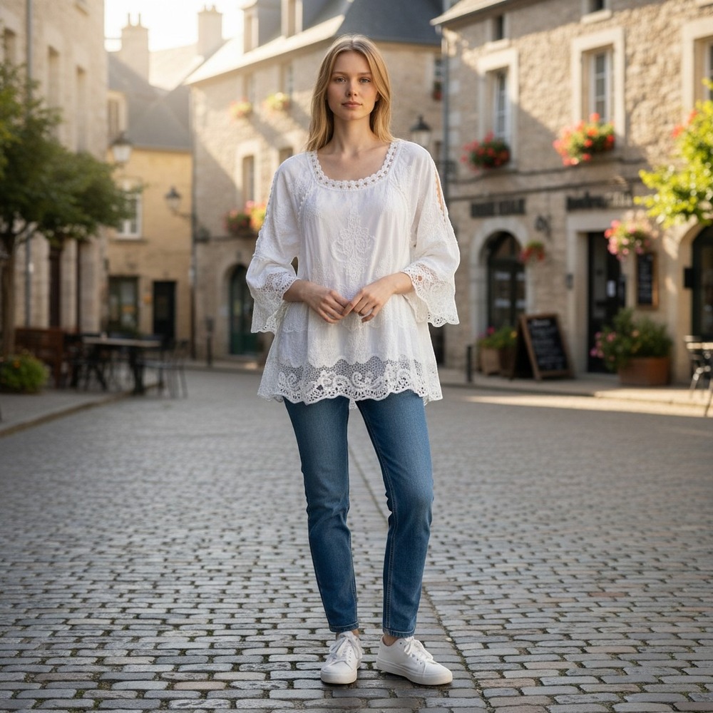 Democracy White Embroidered Peasant Blouse CrochetLace Bell Sleeve Cold Shoulder
